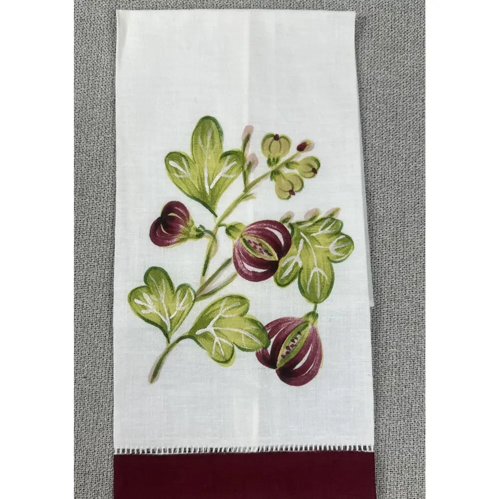 Set of Two (2) Tea Towels LINEN‎ White Maroon & Green Floral VTG Hand Painted